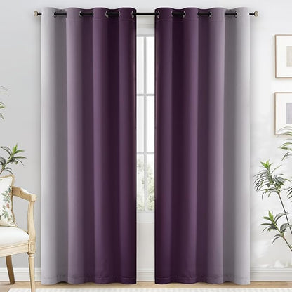 Yakamok 100% Blackout Curtains 84 Inch Length 2 Layers,Purple Curtains for Bedroom Ombre Room Darkening Grommet Gradient Drapes, Light Blocking Thermal Insulated Window Curtains for Living Room