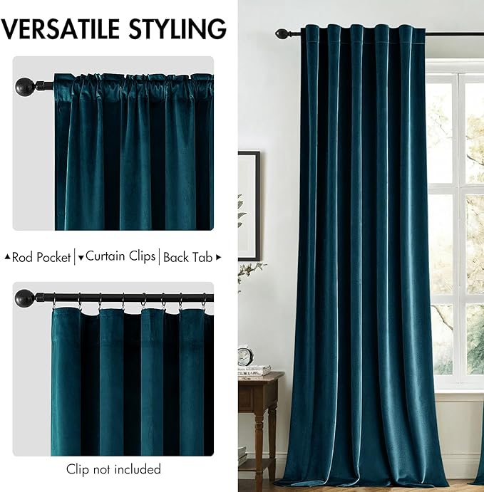 MIULEE Blue Velvet Curtains 90 inches 2 Panels - Luxury Room Darkening Curtains for Bedroom Living Room Thermal Insulated Super Soft Window Drapes Rod Pocket & Back Tab, Peacock Blue