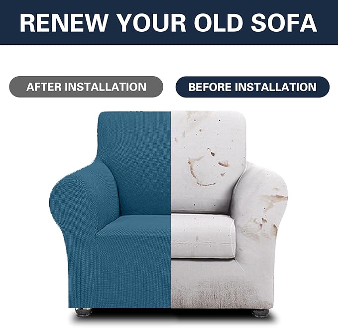 Cupuamon 2026 New Stretch Chair Sofa Slipcovers Couch Cover for 1 Seater Furniture Protector Sofa Covers with Elastic Bottom Jacquard Fabric Small Checks for Pets, Kids - Peacock Blue