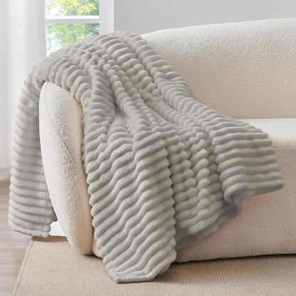 BEDELITE Fleece Throw Blanket for Couch - 300GSM Soft & Warm Fluffy Light Grey Blanket, Decorative and Giftable Striped Blankets for Women, Men, 50"x60"