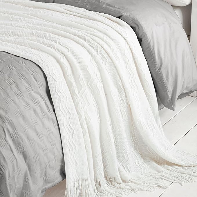 BOURINA Off White Throw Blanket 50 x90 Inches Throw Textured Solid Soft Sofa Throw Bed Runner Couch Cover Knitted Decorative Blanket Bed Runner