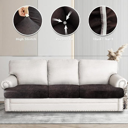 Leather Look Couch Cushion Covers Sofa Seat Slipcovers Sets Couches Furniture Protector for Sectional Armchair Loveseat Pets Kids Stretch Spandex Fabric (3 T-Cushion Sofa, Chocolate)