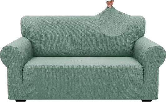 ZNSAYOTX 1 Piece Jacquard Couch Covers for 2 Cushion Couch High Stretch Loveseat Slipcover for Pets Dogs Anti Slip Love Seat Sofa Slipcover Furniture Protector (Medium,New Pattern Pea Green)