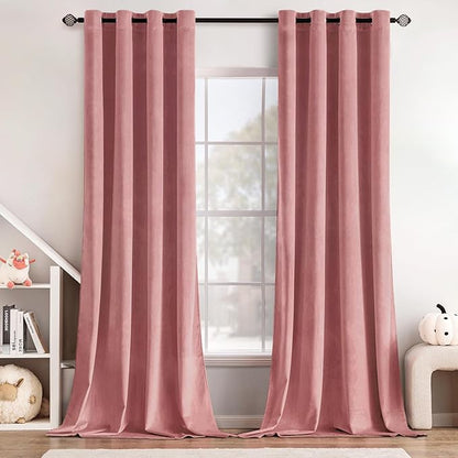MIULEE Blush Pink Velvet Curtains Thermal Insulated Soundproof Room Darkening Long Blackout Curtains Grommet Window Black Out Drapes for Home Theatre/Girls Room/Wedding Decor 96 Inch Length Set of 2