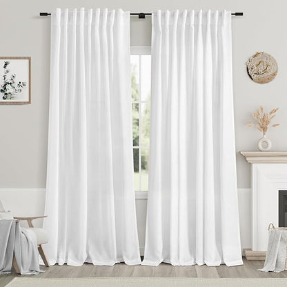 White Linen Curtains 84 inches Long for Bedroom Back Tab Light Filtering Privacy Sheer White Curtains Modern Farmhouse Coastal Decor White Cotton Textured Gauze Curtain 2 Panel Set 70x84