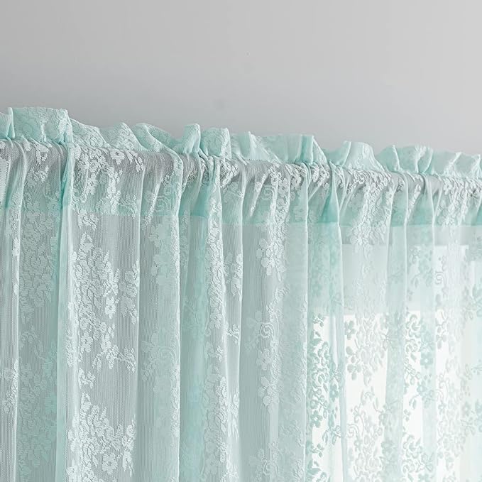 YJ YANJUN Vintage Lace Curtains 84 Inches Long-Victorian Floral Pattern Aqua Sheer Curtain Panels for Living Room Bedroom,Light Filtering, Memaid Beachy Drapes 2 Panels 52W x 84L Mint Green