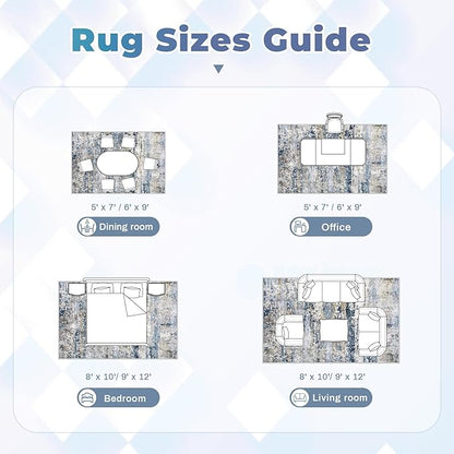 Area Rugs 6x9 for Living Room: Washable Rug Modern Abstract Neutral Soft Non-Slip Low-Pile Indoor Carpet for Bedroom Dining Room Playroom Home Office (Blue Grey Brown, 6'x9')