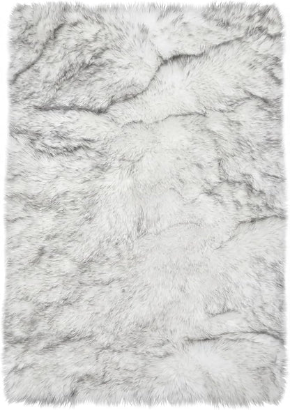 Latepis White with Grey Tips Sheepskin Rugs 4x6, Faux Fur Rug for Living Room, Fluffy Washable Rugs for Bedroom, Teen Room Decor, Rectangle