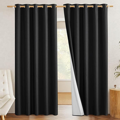 NICETOWN Black Truly Blackout Linen Blend Flax Drapes for Office, Vintage Grommet 100% Blackout Curtains with White Liner Backing for Kitchen Dorm Window（Set of 2, 62" Wide x 63" Long