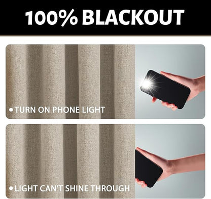 Yakamok Natural Linen Curtains 100% Blackout 96 Inches Long,Room Darkening Textured Curtains for Living Room Thermal Grommet Bedroom Curtains 2 Panels with Greyish White Liner
