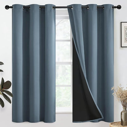 SimpleHome 100% Blackout Curtains for Bedroom,Thermal Insulated Stone Blue Grommet Window Drapes Room Darkening Curtains for Living Room with Black Back,38 x 63 Inch,2 Panels