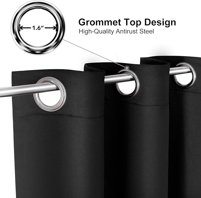 ChrisDowa Blackout Curtains 70 inches Wide for Bedroom - 2 Panels Set Extra Wide Grommet Thermal Insulated Room Darkening Curtains for Living Room (Black, 70 x 63 Inch)