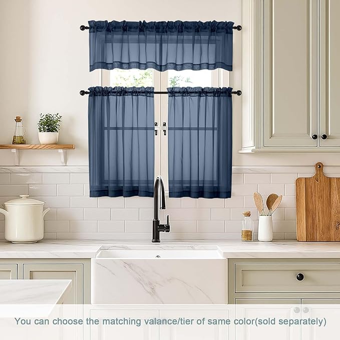 Navy Blue Small Sheer Curtains Tier 24 Inches Length 2 Pieces, Light Filtering Cafe Curtains for Living Room Bathroom, Modern Window Treatments Dual Rod Pocket Panels, 2X42Wx24L Inches