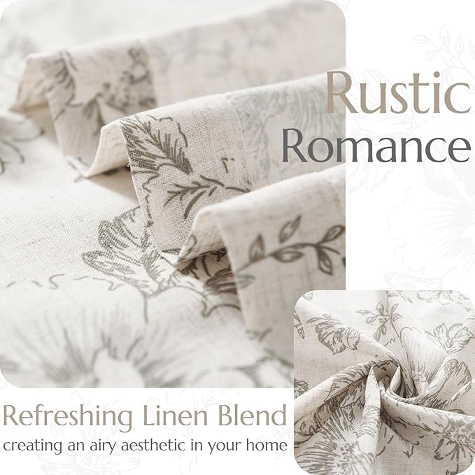 jinchan Linen Blend Curtain Floral Curtains for Living Room 84 Inch Length Grey Printed Curtain Rod Pocket Back Tab Farmhouse Peony Flower Patterned Drapes Bedroom Window Curtains Set 2 Panels