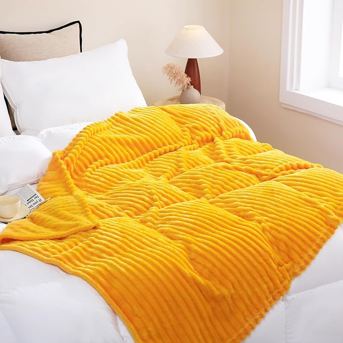 Yellow Fleece Throw Blanket 50”×60” for Couch Sofa Bed,Super Soft Cozy Plush Microfiber Flannel Blanket with 3D Stripes Lightweight for Adults,Woman,Girls,Gold