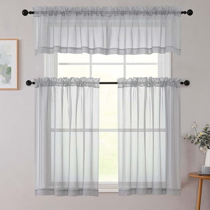 Light Grey Kitchen Curtains 30 Inch Length Tier 2 PCS, Solid Soft Half Curtains for Windows, Light Grey Sheer Rod Pocket Drapes for Bathroom Basement Small Window Curtain, 42" Wx30 L Inches