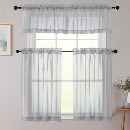Light Grey Kitchen Curtains 30 Inch Length Tier 2 PCS, Solid Soft Half Curtains for Windows, Light Grey Sheer Rod Pocket Drapes for Bathroom Basement Small Window Curtain, 42" Wx30 L Inches