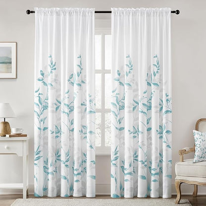 HOMEIDEAS Non-See-Through Teal and White Privacy Sheer Curtains 52 X 84 Inch Length 2 Panels, Leaf Floral Printed Light Filtering Semi Sheer Window Curtains Drapes for Bedroom Living Room