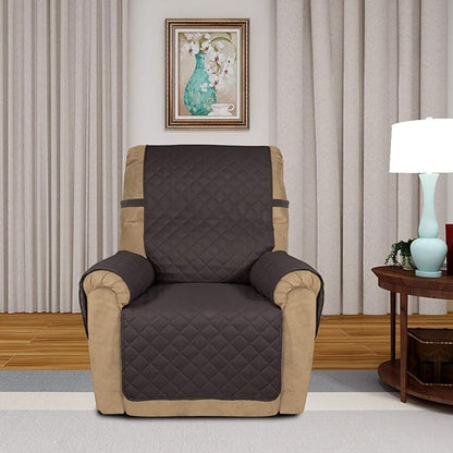 PureFit Reversible Quilted Sofa Cover, Water Resistant Slipcover Furniture Protector, Washable Couch Cover with Non Slip and Elastic Straps for Kids, Dogs, Pets (Small Recliner, Chocolate/Chocolate)