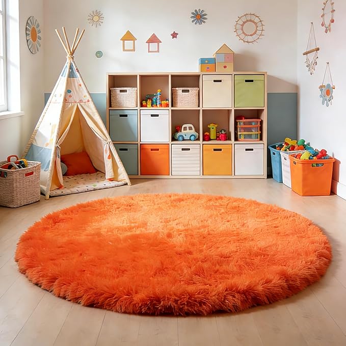 Orange Fluffy Round Rug,Soft Area Rugs for Girls Room,Shaggy Rugs 5'X5' for Living Room,Non Slip Circle Rug for Kids Bedroom,Shag Plush Nursery Carpets,Fuzzy Plush Rug for Dorm,Cute Room Decor Carpet