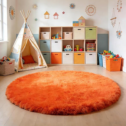 Orange Fluffy Round Rug,Soft Area Rugs for Girls Room,Shaggy Rugs 6'X6' for Living Room,Non Slip Circle Rug for Kids Bedroom,Shag Plush Nursery Carpets,Fuzzy Plush Rug for Dorm,Cute Room Decor Carpet