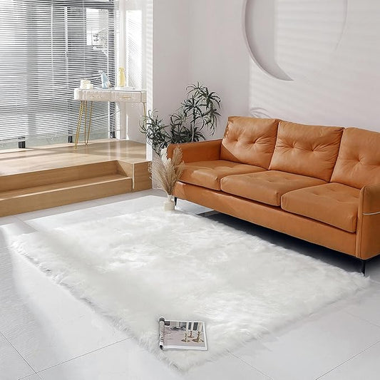 linmopm Faux Fur Rug Sheepskin Shag Fluffy Fuzzy 5x7 ft White Rugs for Bedroom Bedside Bed Floor Living Room Plush Rectangle High-Density Cushion Carpet Super Sofa Cover