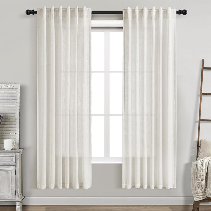 Cream Semi Sheer Linen Curtains 72 Inch Length for Living Room Back Tab Rod Pocket Modern Farmhouse Coastal Decor Cream Cotton Textured Gauze Curtains 72 Inches Long for Dining Room Office 42x72