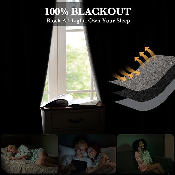 RYB HOME Grey Linen 100% Blackout Curtains for Bedroom 120 inch Long 52 inch Width, Extra Long Drapes Thermal Insulated&Privacy Assurd for Sliding Glass Doors/Dining, Back Tab&Rod Pocket, 2 Panels