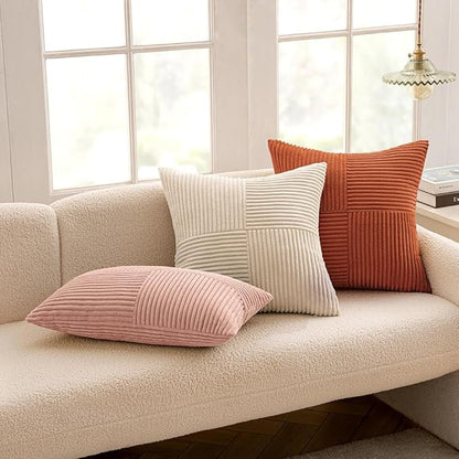 MIULEE Pink Decorative Throw Pillow Covers 18x18 Inch for Couch Bed Sofa Valentines Day Pack of 2 Boho Farmhouse Throw Pillows Soft Cross Corduroy Patchwork Textured Cushion Cases