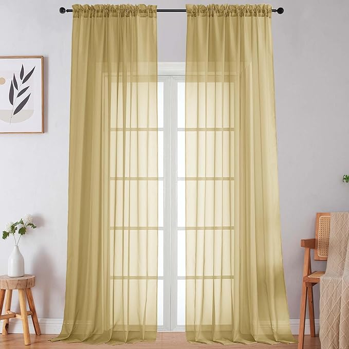 Extra Long Gold Sheer Curtains for Bedroom Living Room 120 Inches Long 2 Panels Set, Solid Soft Light Filtering Rod Pocket Sheer Window Curtains, Gold, Each 59" Wx120 L Inch