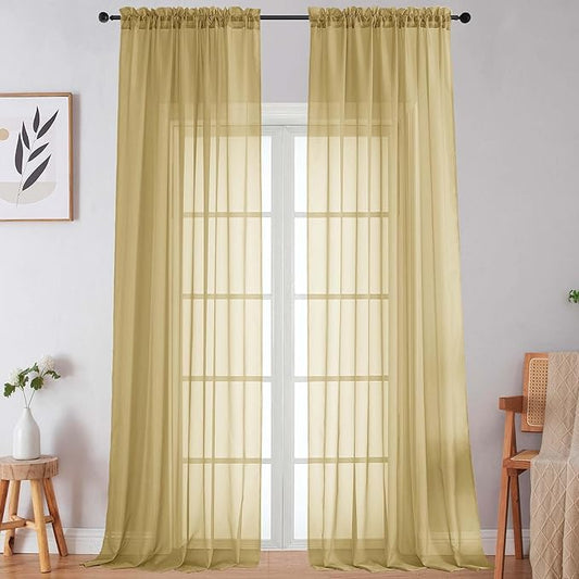 Extra Long Gold Sheer Curtains for Bedroom Living Room 120 Inches Long 2 Panels Set, Solid Soft Light Filtering Rod Pocket Sheer Window Curtains, Gold, Each 59" Wx120 L Inch