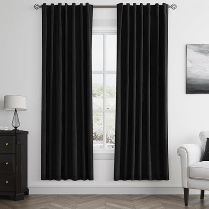 Guken Black 100% Blackout Linen Curtains 72 Inch Length 2 Panels Set for Living Room Bedroom Back Tab Thermal Insulated 100% Black Out Drapes Room Darkening Window Curtains 72 Inches Long