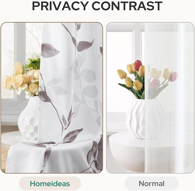 HOMEIDEAS Non-See-Through Dry Rose and White Privacy Sheer Curtains 52 X 96 Inch Length 2 Panels, Leaf Floral Printed Light Filtering Semi Sheer Window Curtains Drapes for Bedroom Living Room