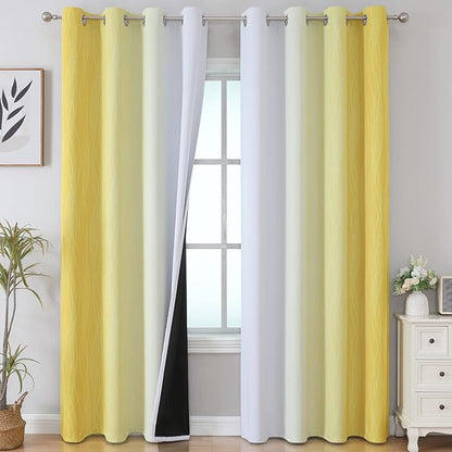Estelar Textiler Yellow and Grayish White Blackout Curtains 108 Inches Long, Thermal Insulated Drapes for Bedroom, Full Light Blocking Energy Saving Long Curtains for Living Room, 52Wx108L, 2 Panels