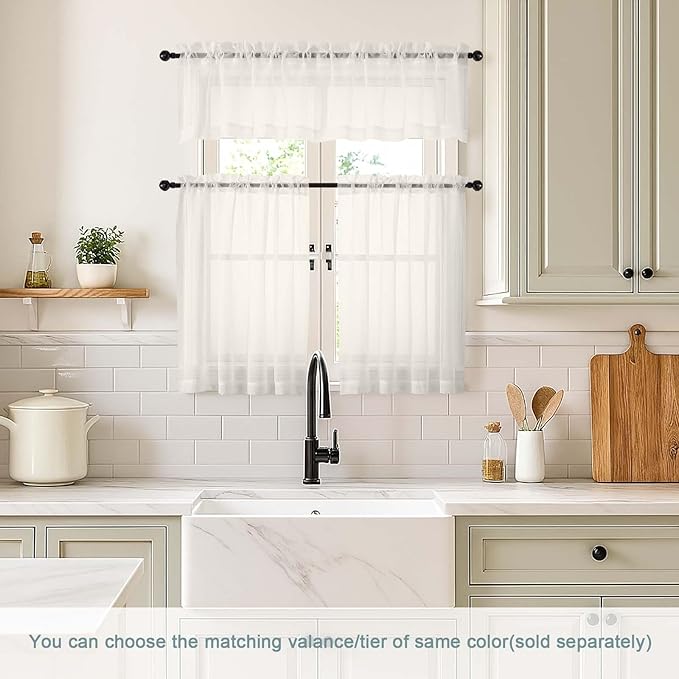 Ivory Small Sheer Curtains 2 Panels Set, Kitchen Curtains 36 Inch Length, Elegant Light Filtering Short Window Drapes for Living Room Bedroom, Dual Rod Pocket Design, 2x42Wx36L Inches