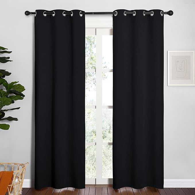 NICETOWN Blackout Draperies Window Curtain Panels, Autumn/Winter Thermal Insulated Solid Grommet Blackout Curtains/Drapes for Cafe (Set of 2, 34 inches by 84 inches, Black)
