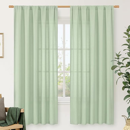 LAMIT Natural Linen Curtains for Bedroom, 72 Inch Faux Linen Textured Light Filtering Drapes Rod Pocket Window Treatment Panels for Living Room, Set of 2 Panels, 52 x 72 Inch, Light Green
