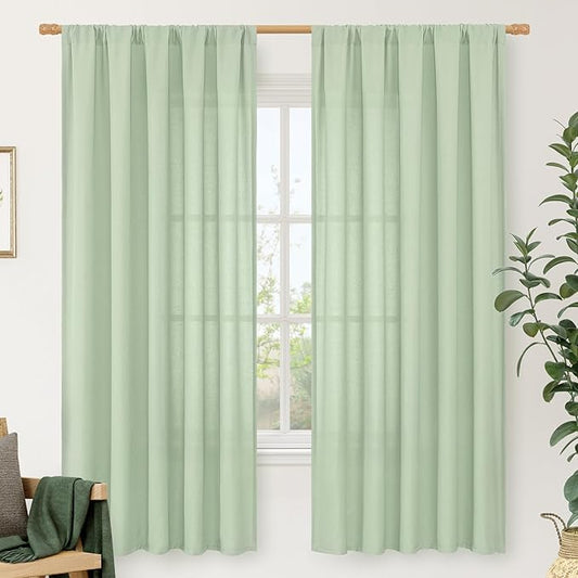 LAMIT Natural Linen Curtains for Bedroom, 72 Inch Faux Linen Textured Light Filtering Drapes Rod Pocket Window Treatment Panels for Living Room, Set of 2 Panels, 52 x 72 Inch, Light Green