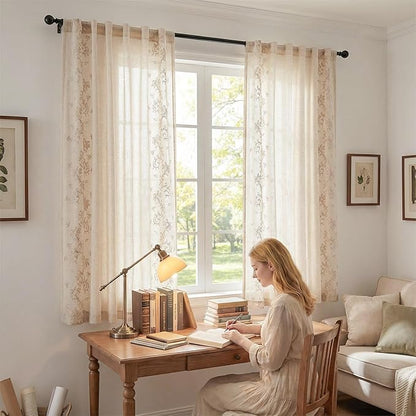 jinchan Evelyn Embroidered Linen Curtains 63 inch Floral Curtains for Living Room Bedroom Farmhouse Cottagecore Semi Sheer Light Filtering Window Drapes Rod Pocket Back Tab 2 Panels W50 x L63 Beige