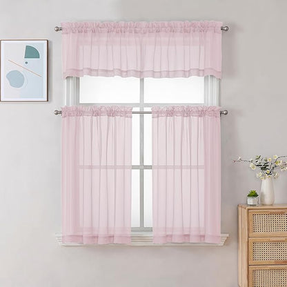 Chyhomenyc Sheer Valances for Windows 2 Pack, Small Window Curtains for Living Room Bathroom Cafe Laundry Basement, Modern Top Dual Rod Pocket Voile Curtain, 42W x 18L inches, Blush Pink