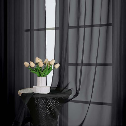 OWENIE Sheer Curtains 84 Inches Long 2 Panels Set, Black Sheer Curtain for Living Room Bedroom, Modern Filmy Rod Pocket Curtains Drapes, 2 Pcs, Each 59 W x 84L, Black