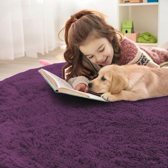 OLANLY Dark Purple Round Rugs for Bedroom - Machine Washable, 3 ft Circle Area Rugs for Living Room, Soft and Fluffy Shaggy Carpet for Teen Girl and Boys, Nursery Rooms, Dorms, Home Decor Aesthetic