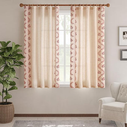 jinchan Belrose Linen Curtains for Bedroom Floral Curtains 63 Inch Length Linen Blend Burgundy Red Embroidered Drapes Farmhouse Flower Patterned Drapes for Living Room Window Treatments Set 2 Panels