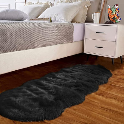 Goolela Black Fluffy Runner Rug 2x6 for Bedroom Faux Sheepksin Fur Fuzzy Furry Bedside Rug Shaggy Plush Soft Sheepskin