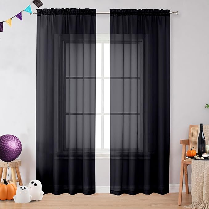 OVZME Black Sheer Curtains 78 Inches Long 2 Panels - Soft Light Filtering Window Sheer Panels for Living Room/Bedroom, Top Dual Rod Pocket, 1 Pair, Each 42Wx78L Inches
