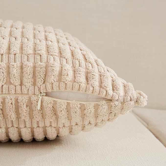 Fancy Homi 4 Packs Tan Decorative Throw Pillow Covers 24x24 Inch for Living Room Couch Bed Sofa, Beige Rustic Farmhouse Boho Home Decor, Soft Plush Striped Corduroy Square Cushion Case 60x60 cm