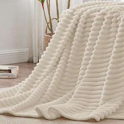 BEDELITE King Size Blanket for Bed, 300GSM Soft & Warm Fleece Blanket, Decorative and Giftable Striped Beige Blankets for Women, Men, 108"x90"