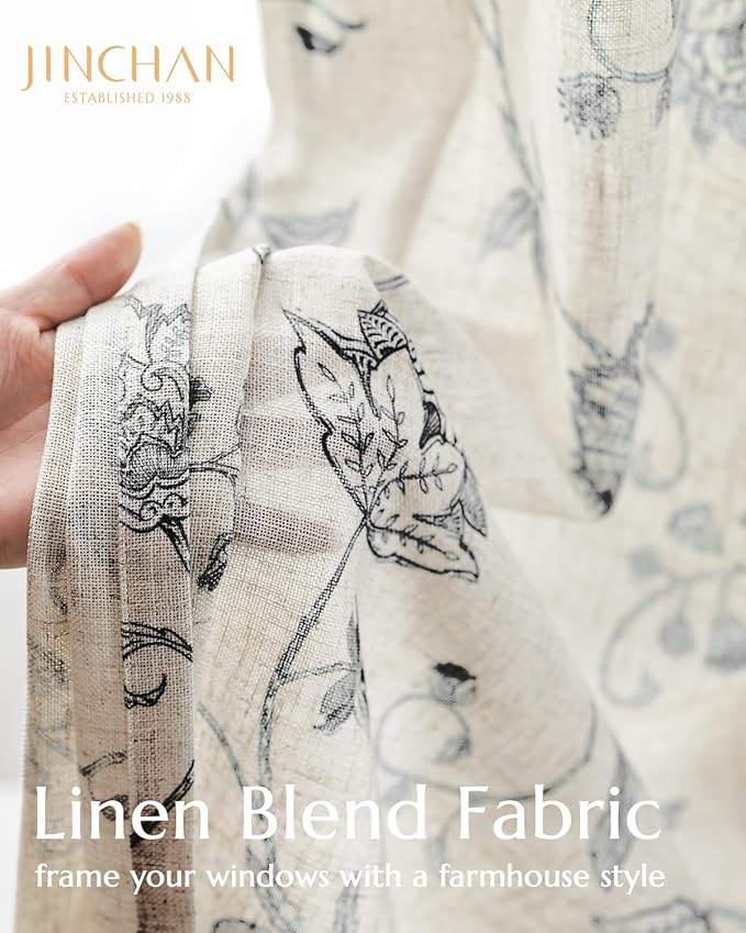 Jinchan Linen Floral Curtains 63 Inch Length for Living Room & Bedroom - Light Filtering Rod Pocket Back Tab Jacobean Curtains Flax Linen Texture Window Drapes Set 2 Panels Black on Linen