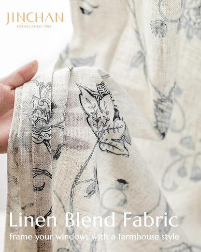 Jinchan Linen Floral Curtains 63 Inch Length for Living Room & Bedroom - Light Filtering Rod Pocket Back Tab Jacobean Curtains Flax Linen Texture Window Drapes Set 2 Panels Black on Linen