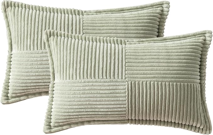 MIULEE Spring Decorative Lumbar Throw Pillow Covers for Couch Bed Livingroom 12x20 Inch Set of 2 Light Green Boho Accent Throw Pllows Broadside Striped Patchwork Soft Corduroy Summer Pillowcases